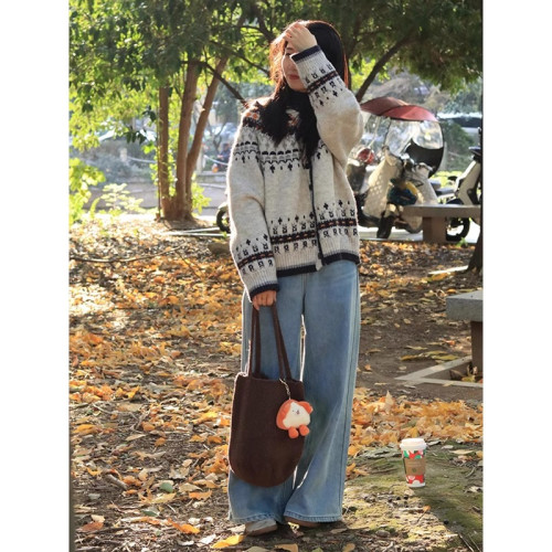 費爾島復古連帽毛衣外套女秋冬慵懶風外穿軟糯針織開衫設計感上衣