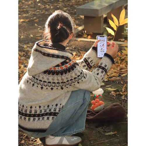 費爾島復古連帽毛衣外套女秋冬慵懶風外穿軟糯針織開衫設計感上衣