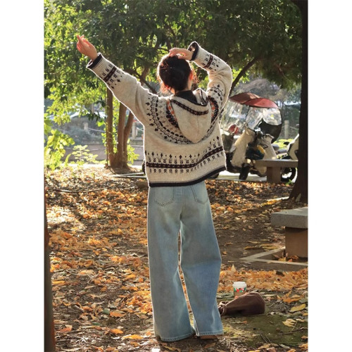 費爾島復古連帽毛衣外套女秋冬慵懶風外穿軟糯針織開衫設計感上衣