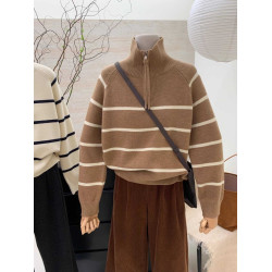 半拉鍊高領條紋套頭毛衣女冬季加厚寬松百搭外穿長袖休閒上衣外套