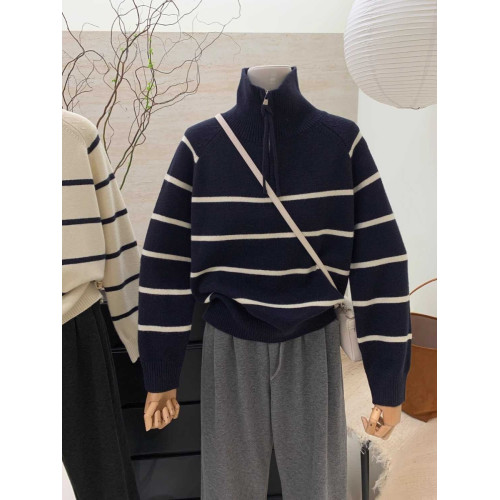 半拉鍊高領條紋套頭毛衣女冬季加厚寬松百搭外穿長袖休閒上衣外套