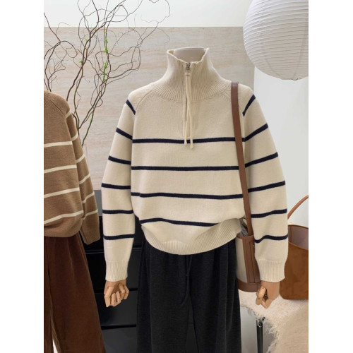 半拉鍊高領條紋套頭毛衣女冬季加厚寬松百搭外穿長袖休閒上衣外套