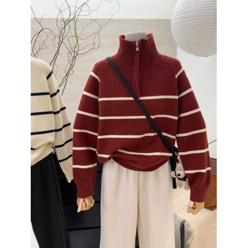 半拉鍊高領條紋套頭毛衣女冬季加厚寬松百搭外穿長袖休閒上衣外套