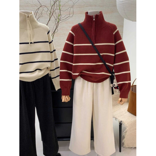 半拉鍊高領條紋套頭毛衣女冬季加厚寬松百搭外穿長袖休閒上衣外套