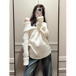 慵懶風白色一字肩毛衣女秋冬季2025新款內搭露肩針織韓系寬松上衣