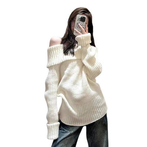 慵懶風白色一字肩毛衣女秋冬季2025新款內搭露肩針織韓系寬松上衣