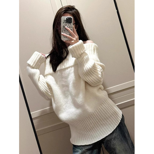 慵懶風白色一字肩毛衣女秋冬季2025新款內搭露肩針織韓系寬松上衣