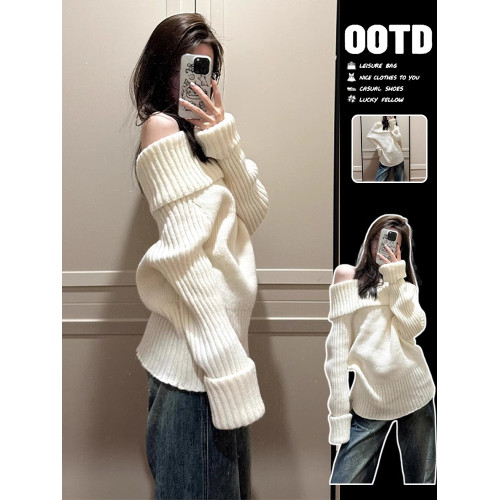 慵懶風白色一字肩毛衣女秋冬季2025新款內搭露肩針織韓系寬松上衣