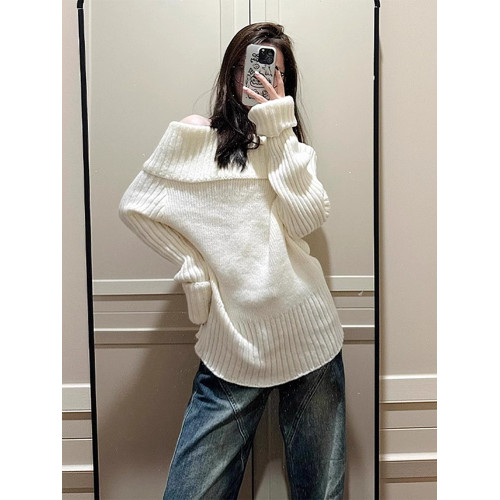 慵懶風白色一字肩毛衣女秋冬季2025新款內搭露肩針織韓系寬松上衣