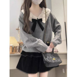 甜美娃娃領設計感穿搭灰色毛衣女秋冬小個子溫柔減齡打底針織上衣