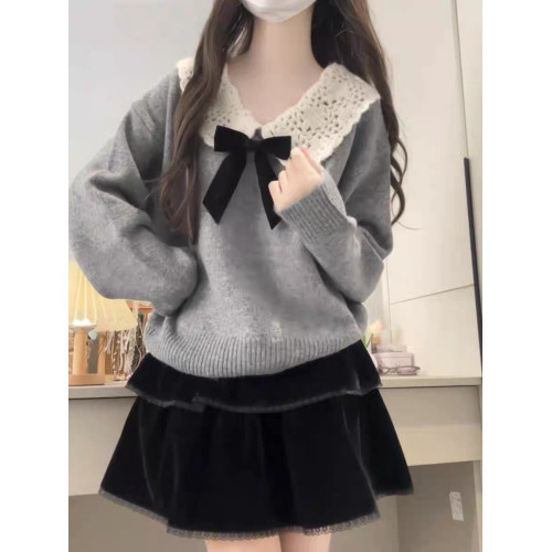 甜美娃娃領設計感穿搭灰色毛衣女秋冬小個子溫柔減齡打底針織上衣