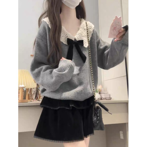 甜美娃娃領設計感穿搭灰色毛衣女秋冬小個子溫柔減齡打底針織上衣