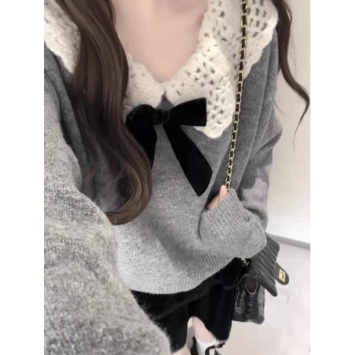 甜美娃娃領設計感穿搭灰色毛衣女秋冬小個子溫柔減齡打底針織上衣