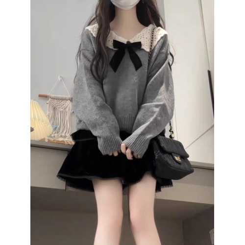 甜美娃娃領設計感穿搭灰色毛衣女秋冬小個子溫柔減齡打底針織上衣