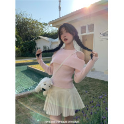 PPHOME自製~甜美統治 櫻花粉掛脖露肩一字領修身針織衫+百褶短裙