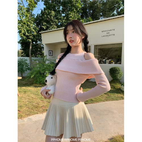 PPHOME自製~甜美統治 櫻花粉掛脖露肩一字領修身針織衫+百褶短裙