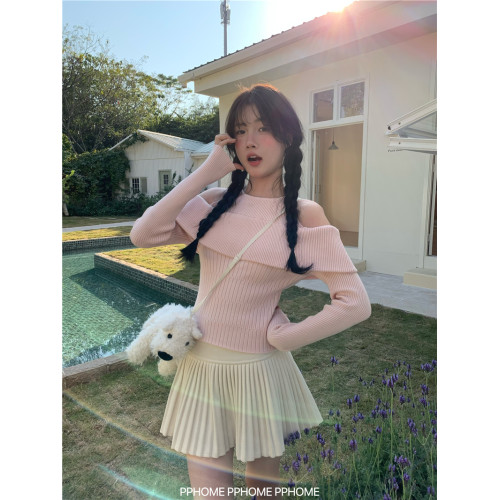 PPHOME自製~甜美統治 櫻花粉掛脖露肩一字領修身針織衫+百褶短裙