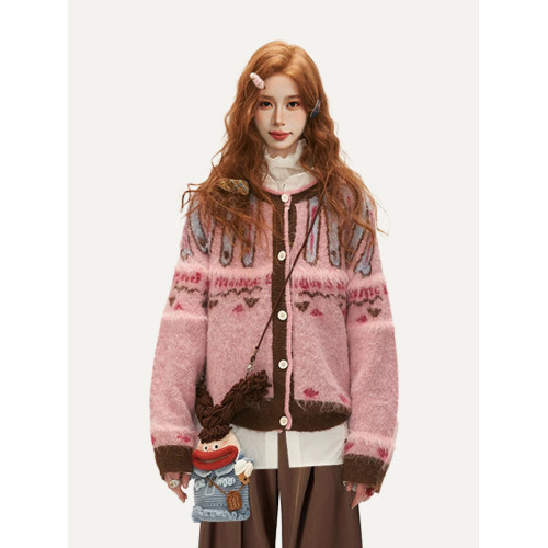 美式粉色費爾島毛衣針織開衫女秋季秋冬寬松慵懶風外穿針織衫外套 美式粉色費爾島毛衣針織開衫女秋季秋冬寬松慵懶風外穿針織衫外套