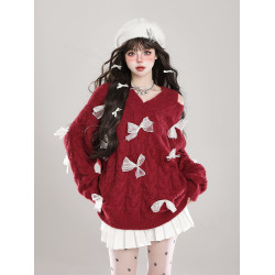 蝴蝶結紅色露肩v領毛衣女生冬季新款過年穿搭慵懶風寬松針織上衣