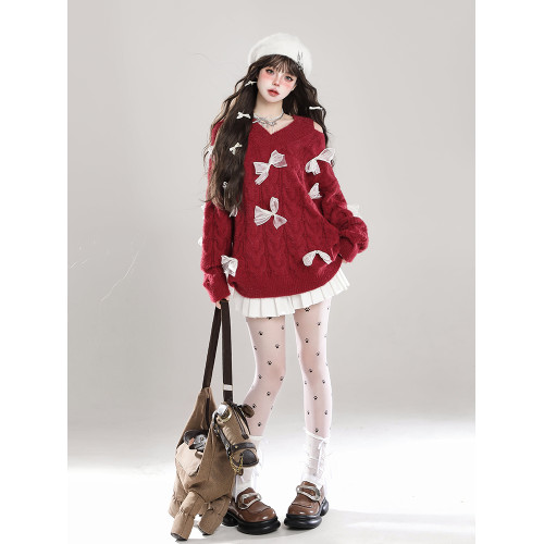 蝴蝶結紅色露肩v領毛衣女生冬季新款過年穿搭慵懶風寬松針織上衣 蝴蝶結紅色露肩v領毛衣女生冬季新款過年穿搭慵懶風寬松針織上衣