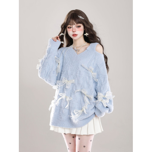 蝴蝶結紅色露肩v領毛衣女生冬季新款過年穿搭慵懶風寬松針織上衣 蝴蝶結紅色露肩v領毛衣女生冬季新款過年穿搭慵懶風寬松針織上衣