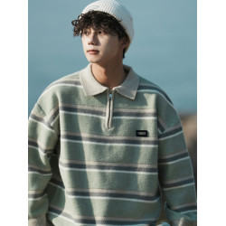 日系半拉鍊毛衣男秋冬慵懶寬松學院風休閒條紋撞色翻領針織衫外套