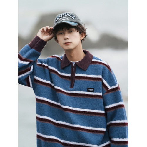 日系半拉鍊毛衣男秋冬慵懶寬松學院風休閒條紋撞色翻領針織衫外套