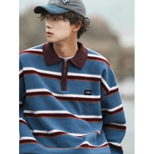 日系半拉鍊毛衣男秋冬慵懶寬松學院風休閒條紋撞色翻領針織衫外套