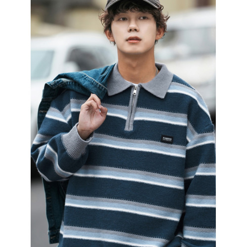 日系半拉鍊毛衣男秋冬慵懶寬松學院風休閒條紋撞色翻領針織衫外套