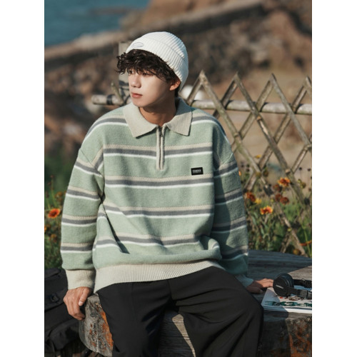 日系半拉鍊毛衣男秋冬慵懶寬松學院風休閒條紋撞色翻領針織衫外套