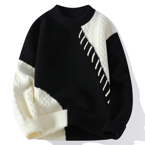 撞色圓領套頭毛衣男秋冬季2025新款針織衫寬松休閒長袖打底男上衣