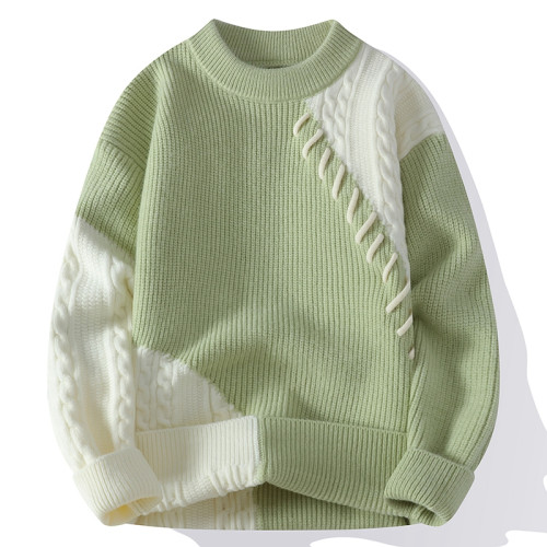 撞色圓領套頭毛衣男秋冬季2025新款針織衫寬松休閒長袖打底男上衣