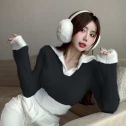 秋冬裝仿貂毛軟糯撞色毛衣女性感辣妹短款Polo領甜辣妹針織衫上衣