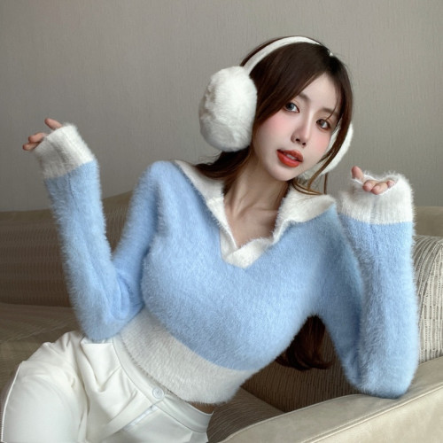 秋冬裝仿貂毛軟糯撞色毛衣女性感辣妹短款Polo領甜辣妹針織衫上衣 秋冬裝仿貂毛軟糯撞色毛衣女性感辣妹短款Polo領甜辣妹針織衫上衣