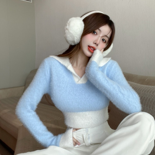 秋冬裝仿貂毛軟糯撞色毛衣女性感辣妹短款Polo領甜辣妹針織衫上衣 秋冬裝仿貂毛軟糯撞色毛衣女性感辣妹短款Polo領甜辣妹針織衫上衣