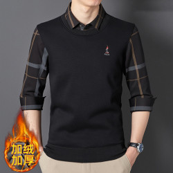 保羅保暖毛衣男加絨加厚假兩件男士襯衫領套頭青年學生修身針織衫
