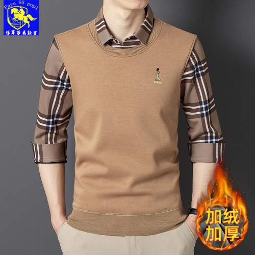 保羅保暖毛衣男加絨加厚假兩件男士襯衫領套頭青年學生修身針織衫