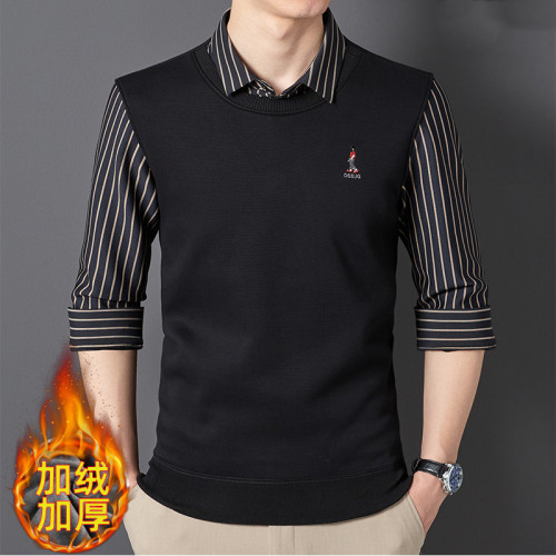 保羅保暖毛衣男加絨加厚假兩件男士襯衫領套頭青年學生修身針織衫