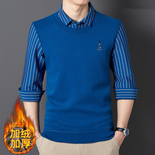 保羅保暖毛衣男加絨加厚假兩件男士襯衫領套頭青年學生修身針織衫