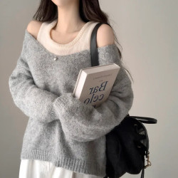 2025秋冬季韓國chic寬松休閒加厚純色V領針織衫上衣+吊帶兩件套女