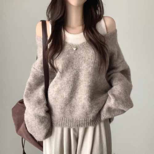 2025秋冬季韓國chic寬松休閒加厚純色V領針織衫上衣+吊帶兩件套女 2025秋冬季韓國chic寬松休閒加厚純色V領針織衫上衣+吊帶兩件套女