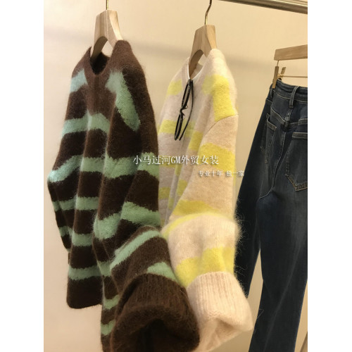 巨,超細安哥拉山羊毛!!撞色條紋馬海毛復古針織毛衣女秋冬 巨,超細安哥拉山羊毛!!撞色條紋馬海毛復古針織毛衣女秋冬