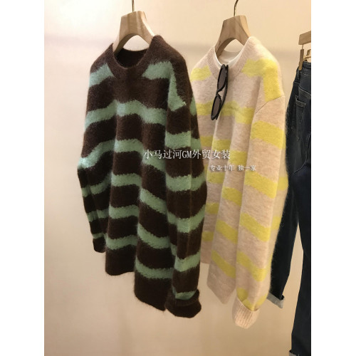 巨,超細安哥拉山羊毛!!撞色條紋馬海毛復古針織毛衣女秋冬 巨,超細安哥拉山羊毛!!撞色條紋馬海毛復古針織毛衣女秋冬