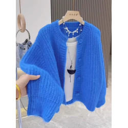 大碼韓系克萊因藍高級感毛衣開衫外套女秋冬軟糯慵懶長袖針織上衣