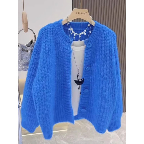 大碼韓系克萊因藍高級感毛衣開衫外套女秋冬軟糯慵懶長袖針織上衣