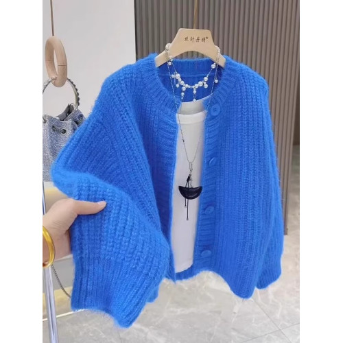 大碼韓系克萊因藍高級感毛衣開衫外套女秋冬軟糯慵懶長袖針織上衣