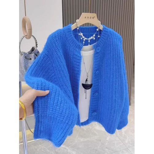 大碼韓系克萊因藍高級感毛衣開衫外套女秋冬軟糯慵懶長袖針織上衣