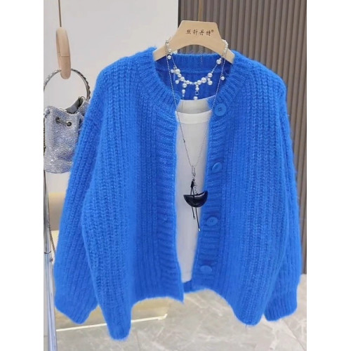 大碼韓系克萊因藍高級感毛衣開衫外套女秋冬軟糯慵懶長袖針織上衣