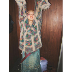 Turn up/陳腿兒 撞色毛絨長袖針織外套女秋冬圓領格紋中長毛衣ins