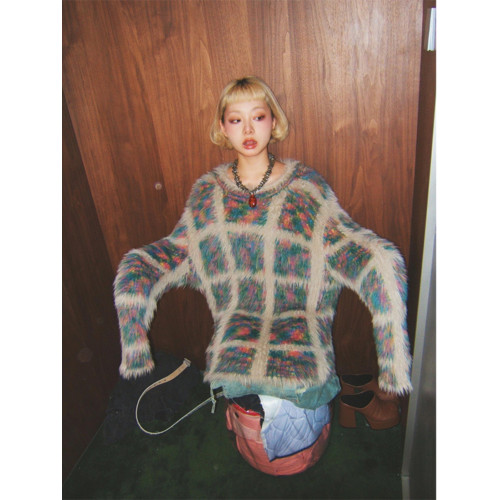 Turn up/陳腿兒 撞色毛絨長袖針織外套女秋冬圓領格紋中長毛衣ins